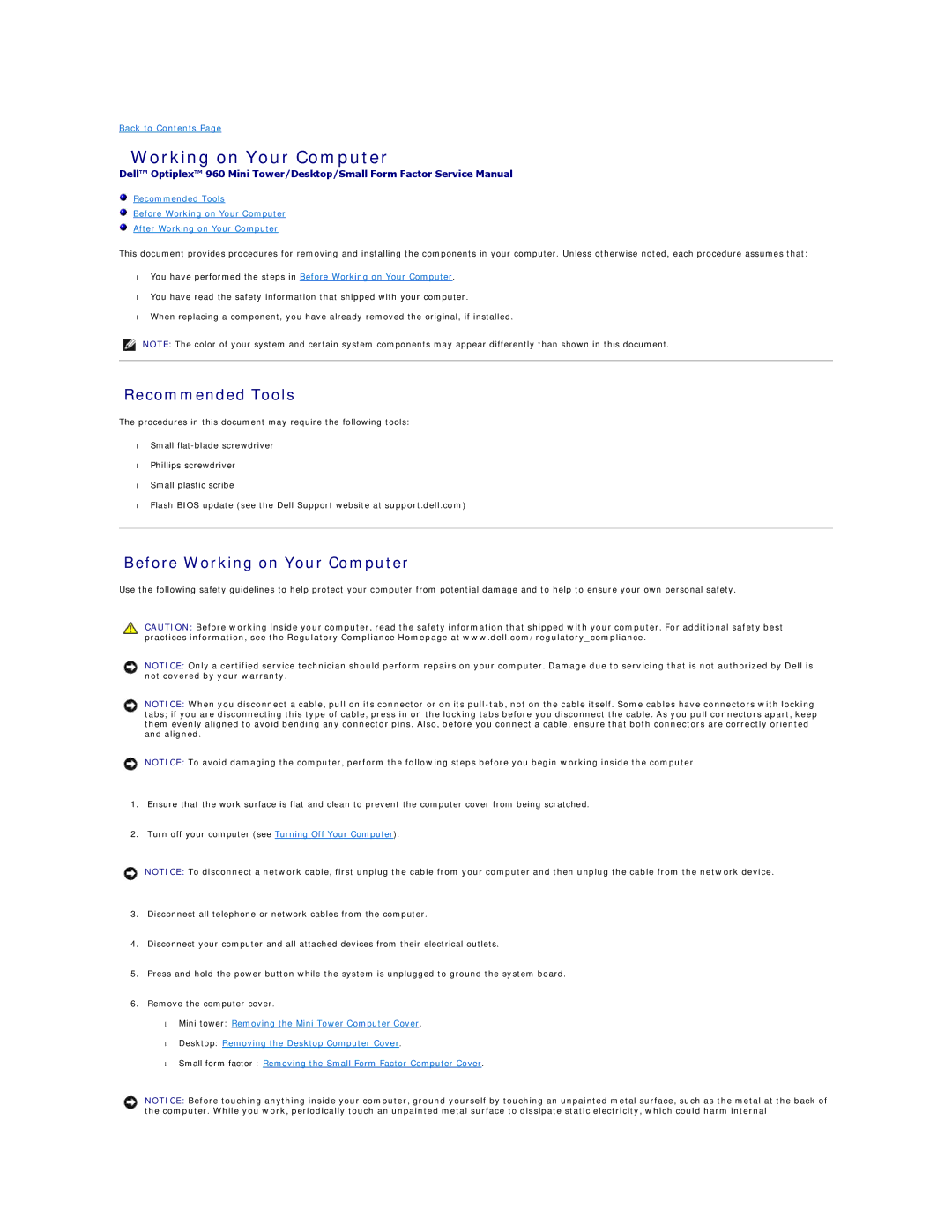 Dell 960 manual Recommended Tools, Before Working on Your Computer 