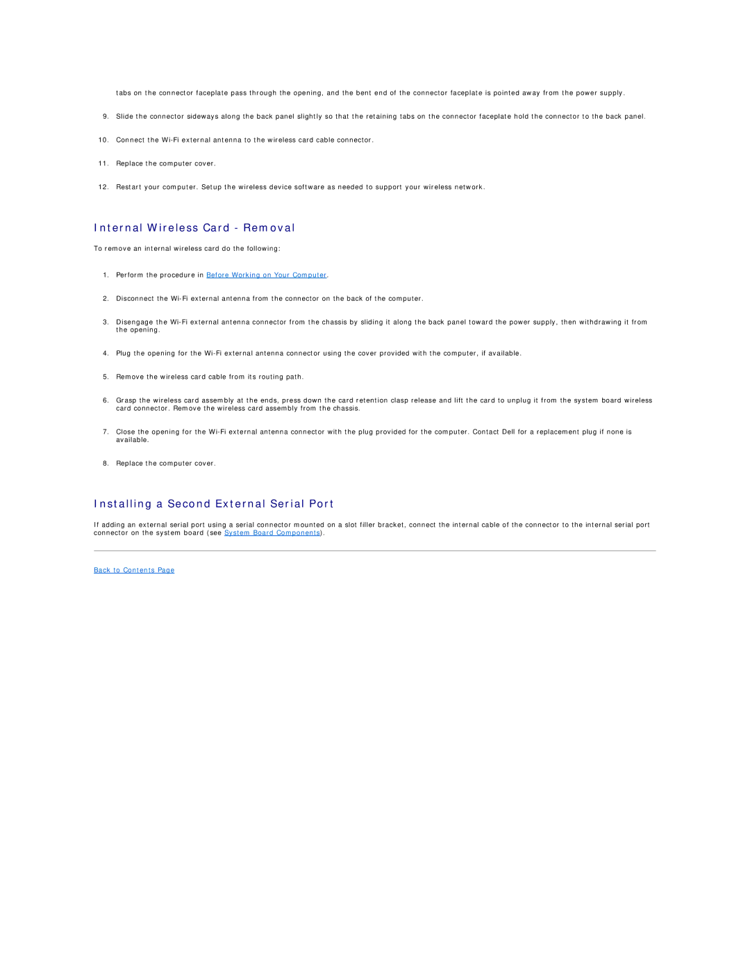 Dell 960 manual Internal Wireless Card Removal, Installing a Second External Serial Port 