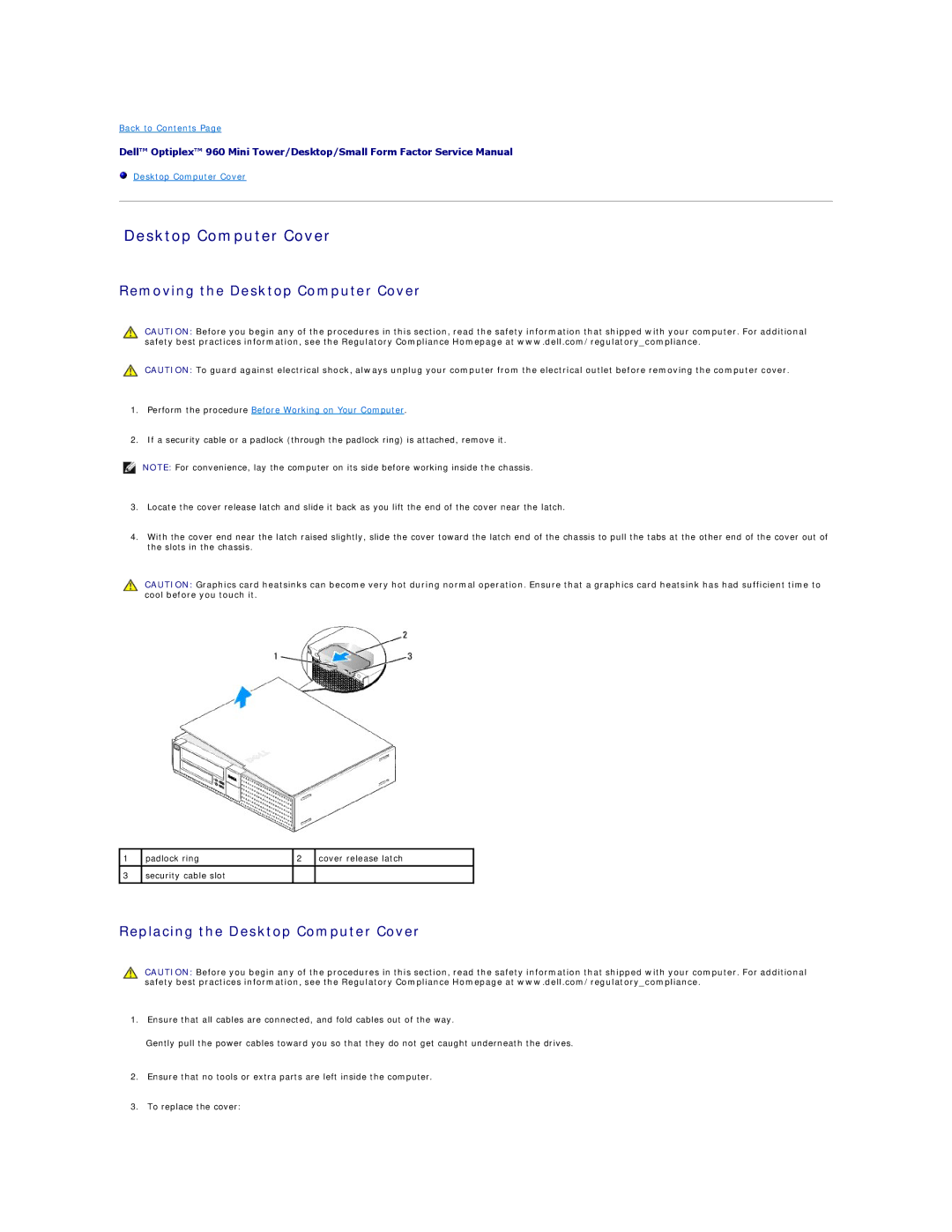 Dell 960 manual Removing the Desktop Computer Cover, Replacing the Desktop Computer Cover 