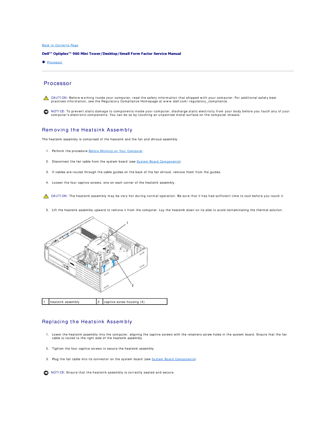 Dell 960 manual Processor, Removing the Heatsink Assembly, Replacing the Heatsink Assembly 