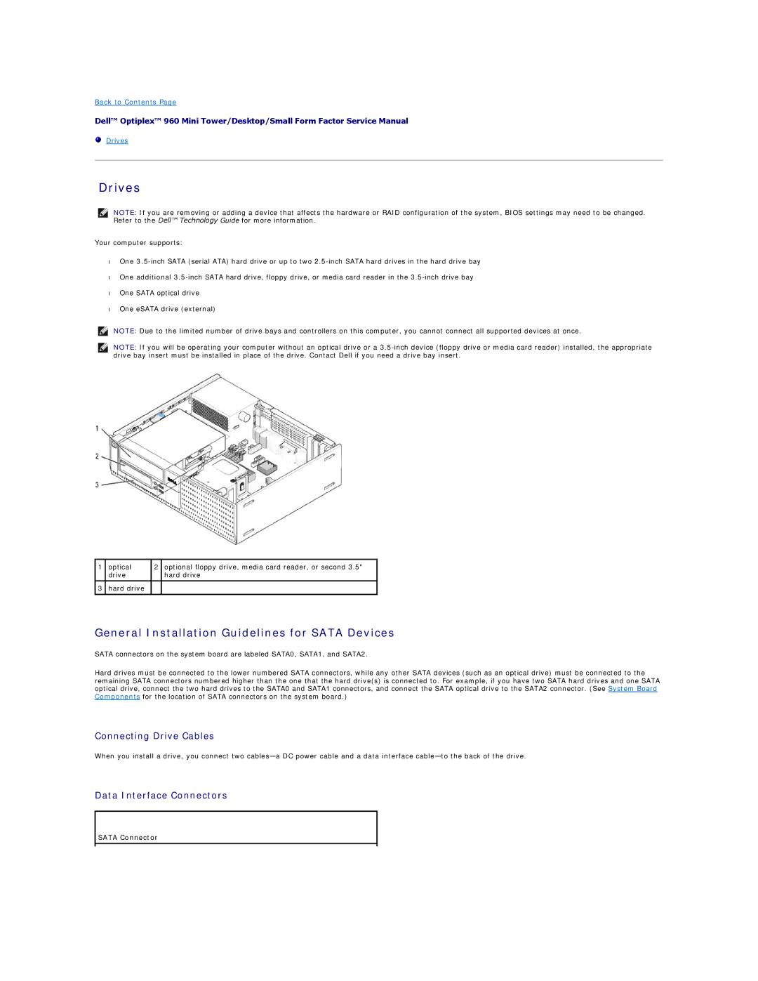 Dell 960 Drives, General Installation Guidelines for Sata Devices, Connecting Drive Cables, Data Interface Connectors 