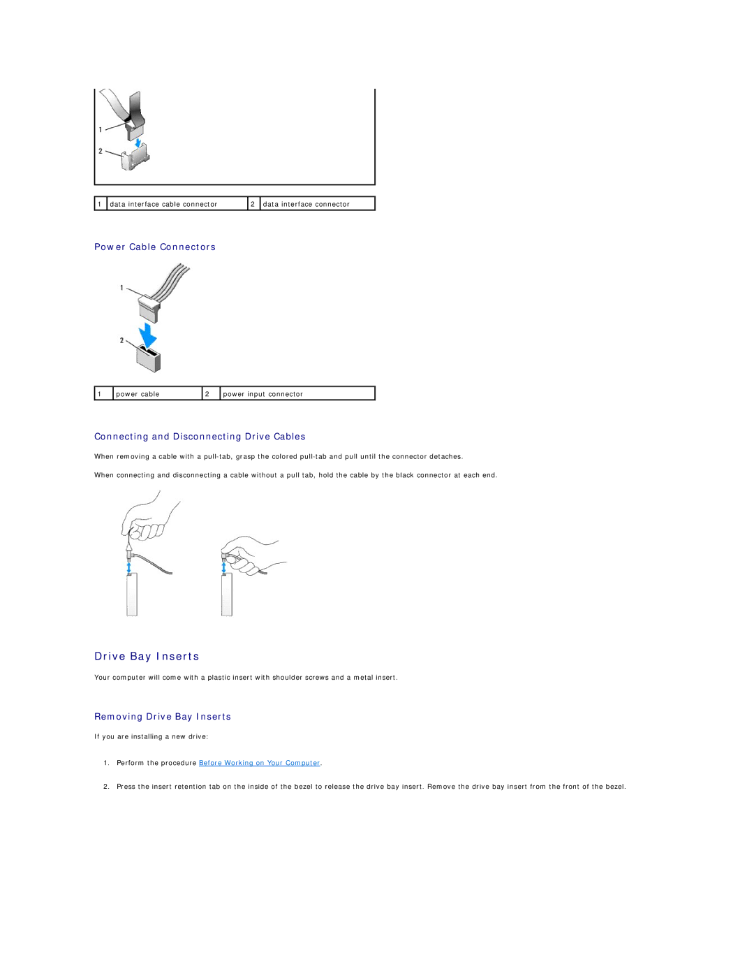 Dell 960 manual Power Cable Connectors, Connecting and Disconnecting Drive Cables, Removing Drive Bay Inserts 