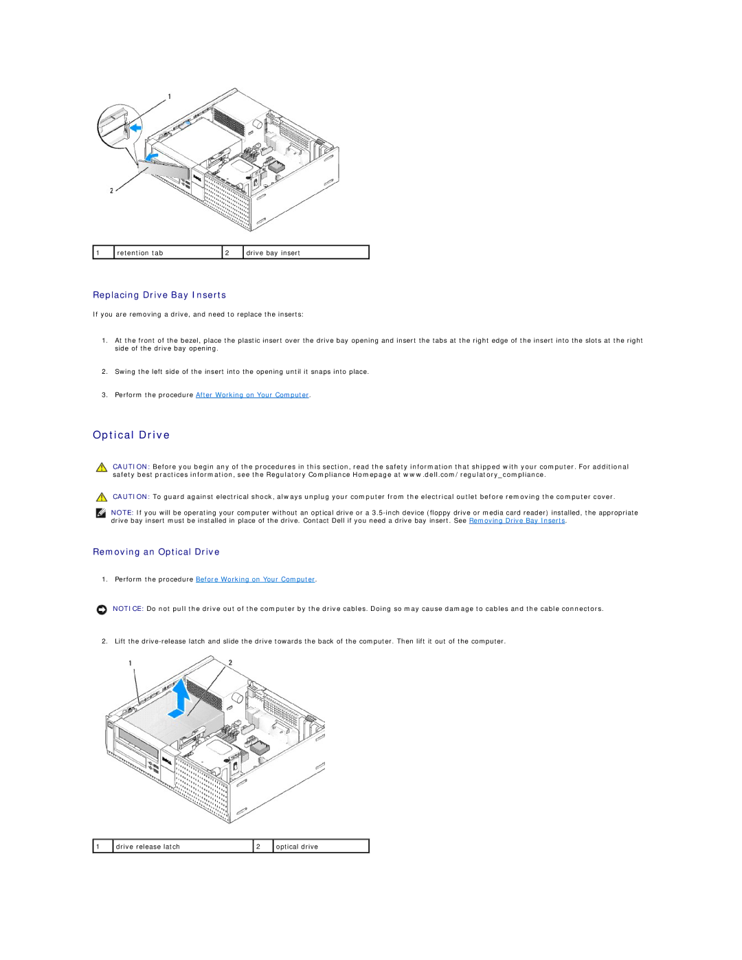 Dell 960 manual Replacing Drive Bay Inserts, Removing an Optical Drive 