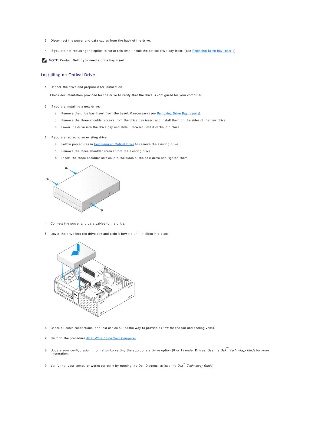 Dell 960 manual Installing an Optical Drive 