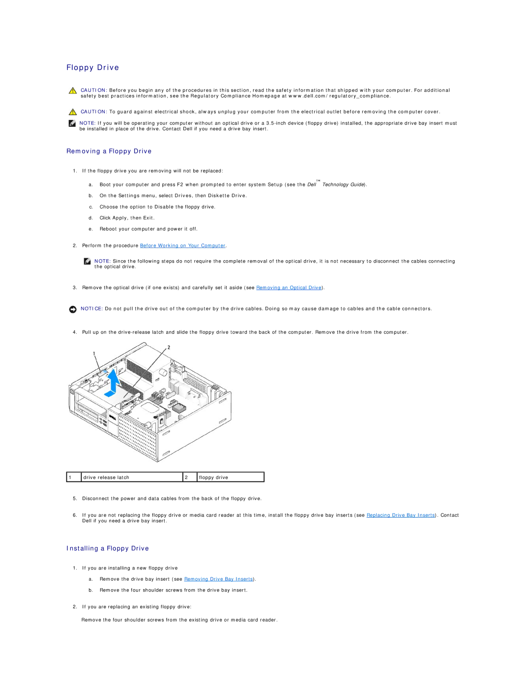 Dell 960 manual Removing a Floppy Drive, Installing a Floppy Drive 