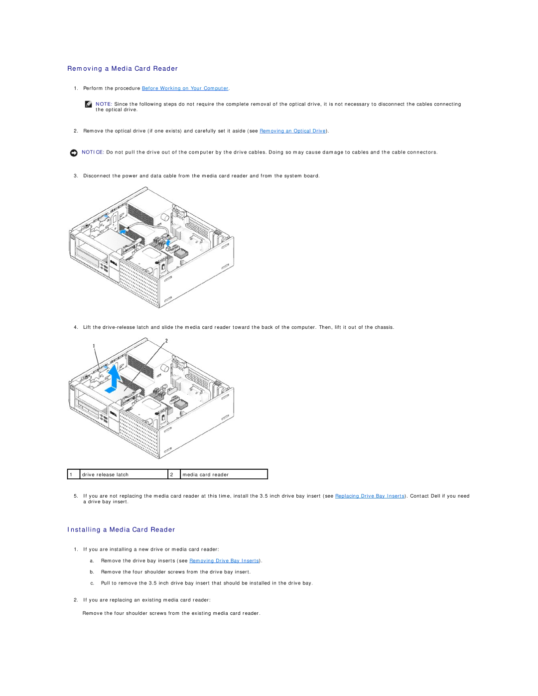Dell 960 manual Removing a Media Card Reader, Installing a Media Card Reader 