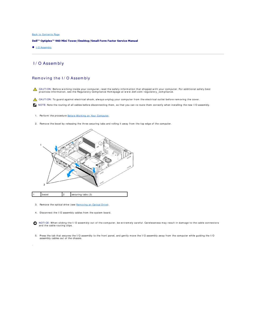 Dell 960 manual Removing the I/O Assembly 