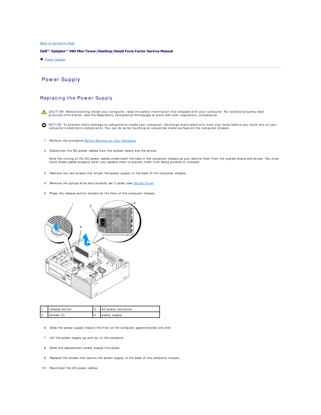 Dell 960 manual Replacing the Power Supply 