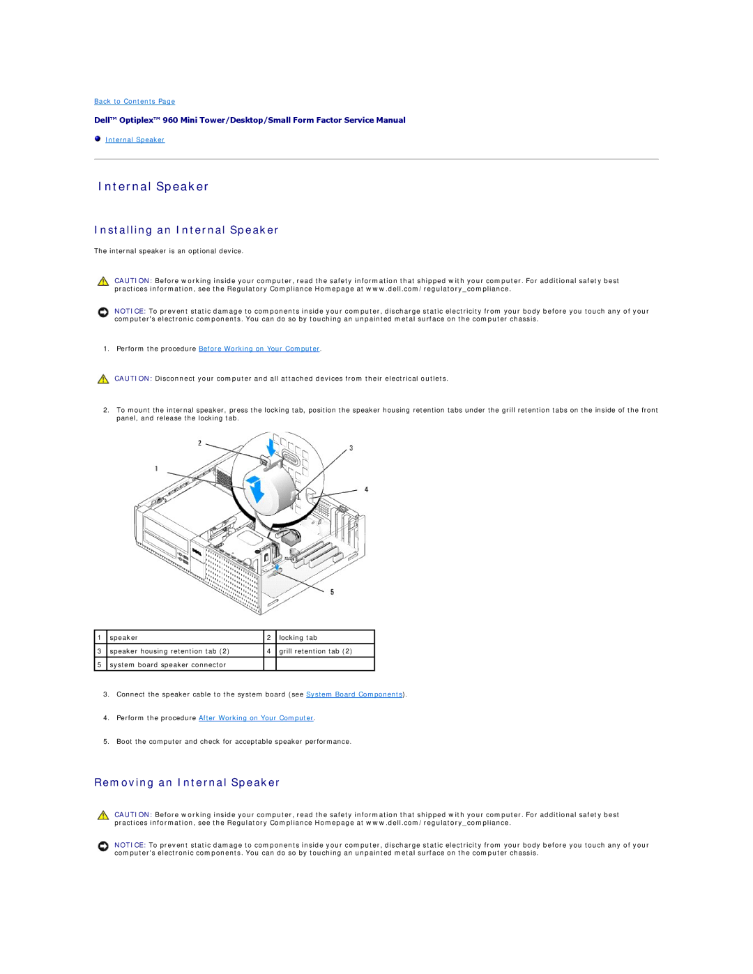 Dell 960 manual Installing an Internal Speaker, Removing an Internal Speaker 