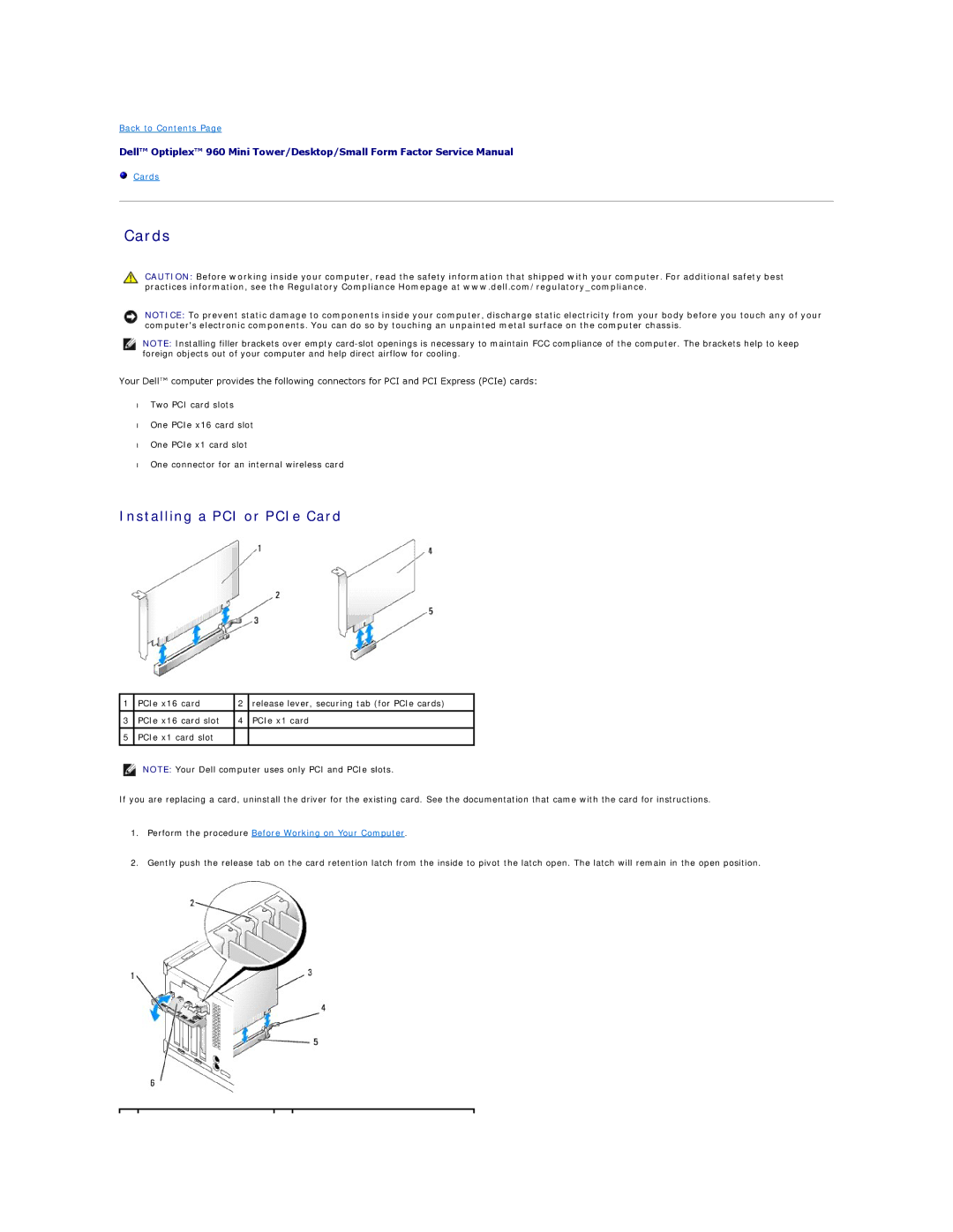 Dell 960 manual Cards, Installing a PCI or PCIe Card 