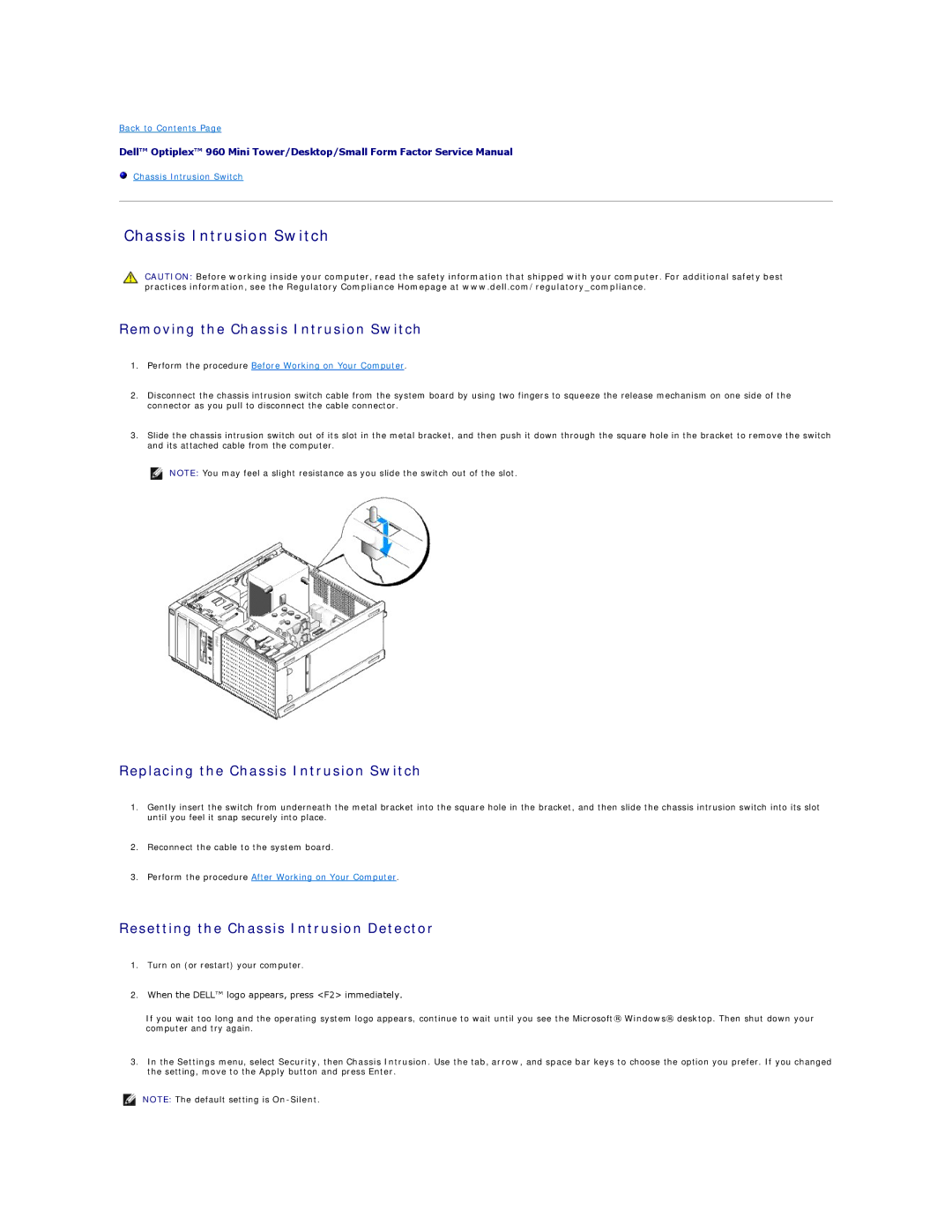 Dell 960 manual Chassis Intrusion Switch 