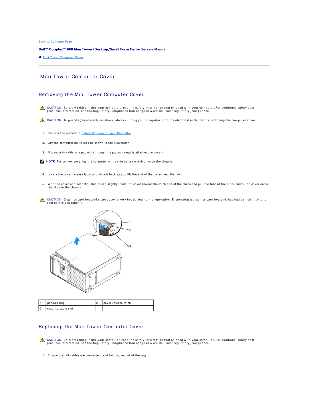 Dell 960 manual Removing the Mini Tower Computer Cover, Replacing the Mini Tower Computer Cover 