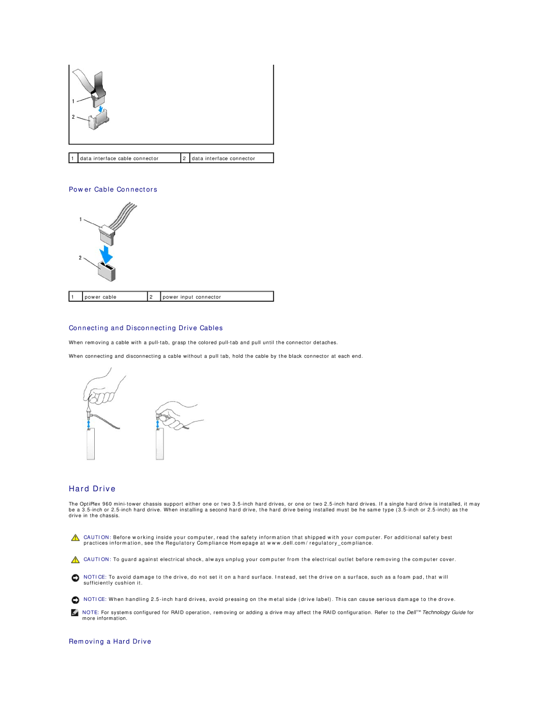 Dell 960 manual Power Cable Connectors, Removing a Hard Drive 