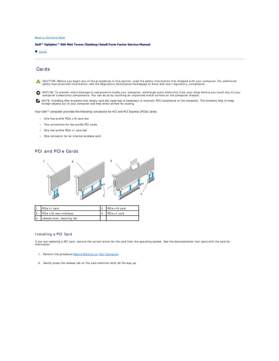 Dell 960 manual PCI and PCIe Cards, Installing a PCI Card 