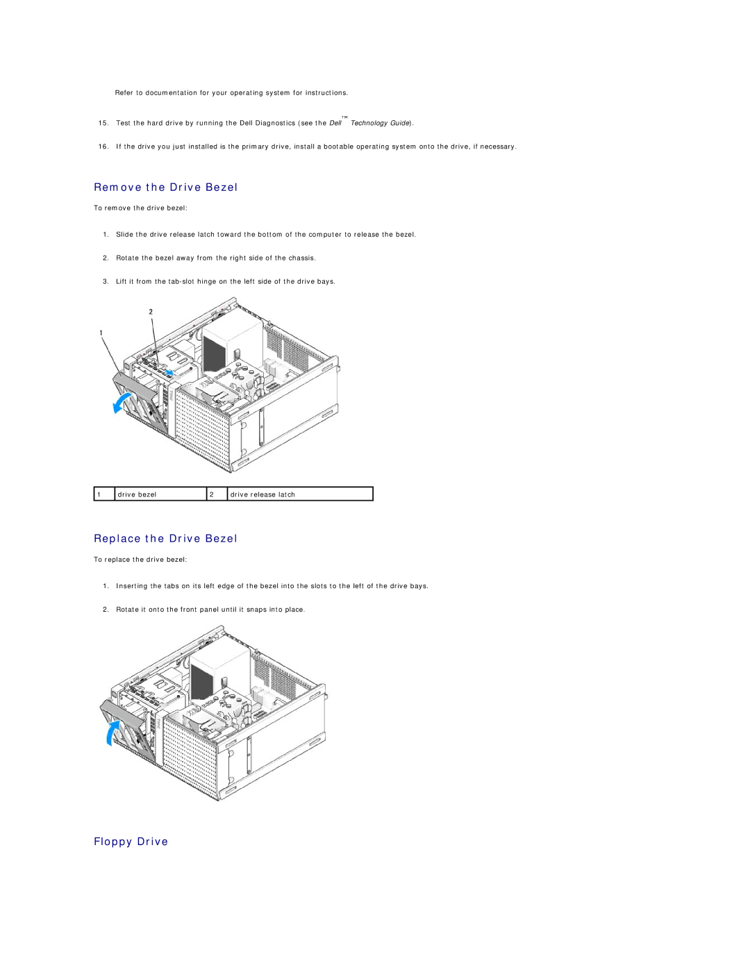 Dell 960 manual Remove the Drive Bezel, Replace the Drive Bezel 