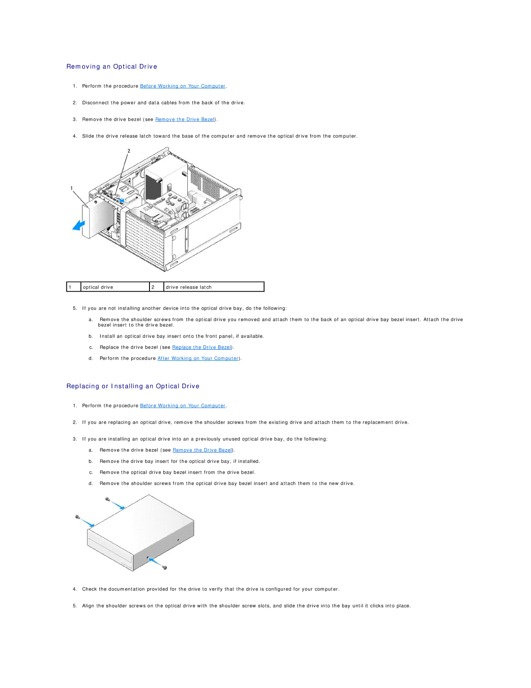 Dell 960 manual Removing an Optical Drive, Replacing or Installing an Optical Drive 