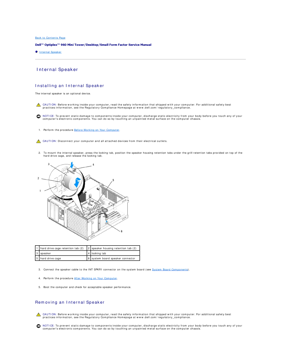 Dell 960 manual Internal Speaker 