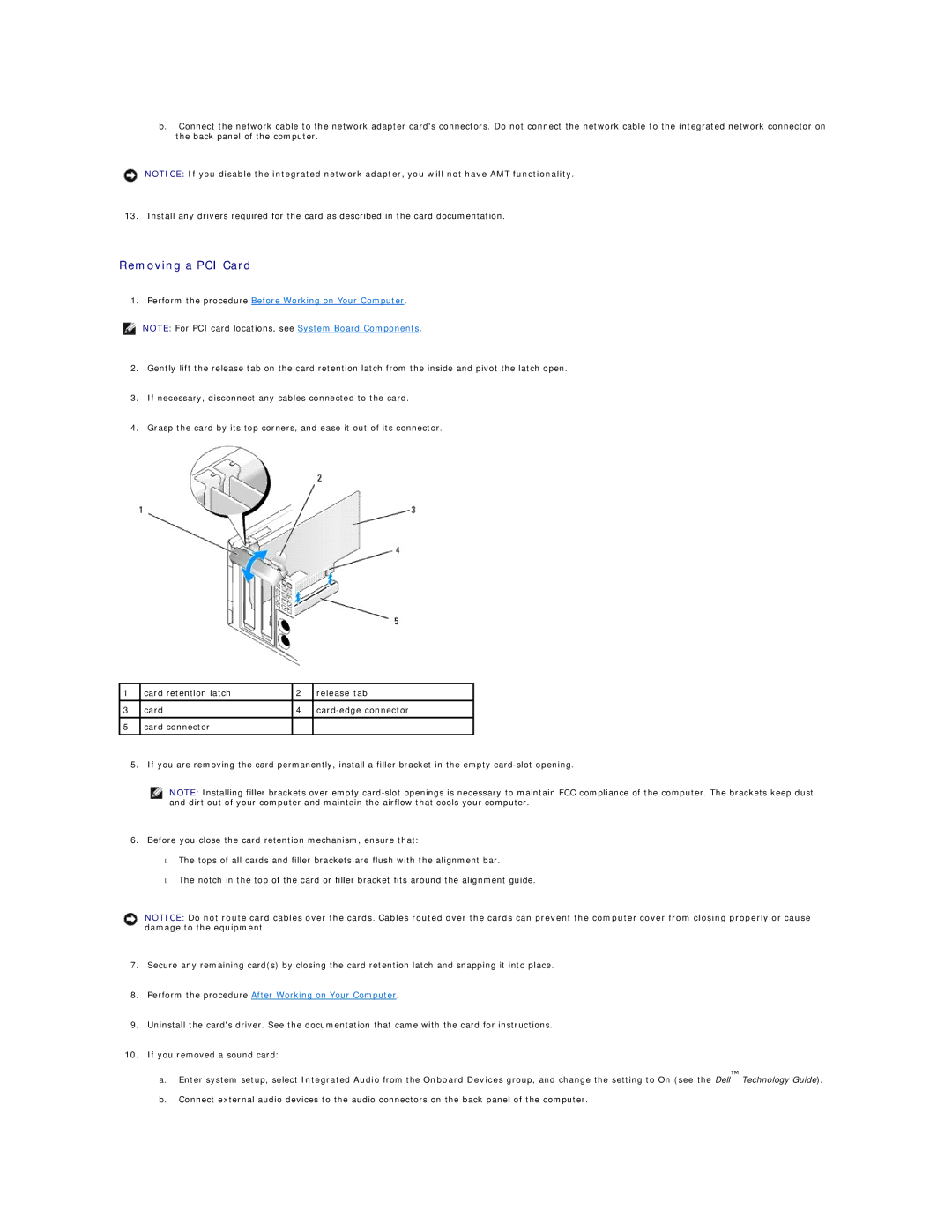 Dell 960 manual Removing a PCI Card 