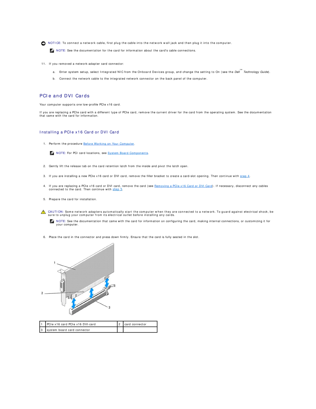 Dell 960 manual PCIe and DVI Cards, Installing a PCIe x16 Card or DVI Card 