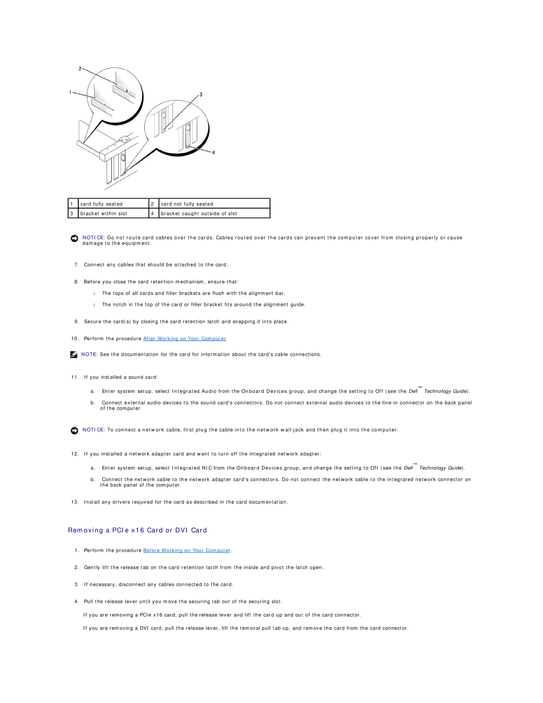 Dell 960 manual Removing a PCIe x16 Card or DVI Card 