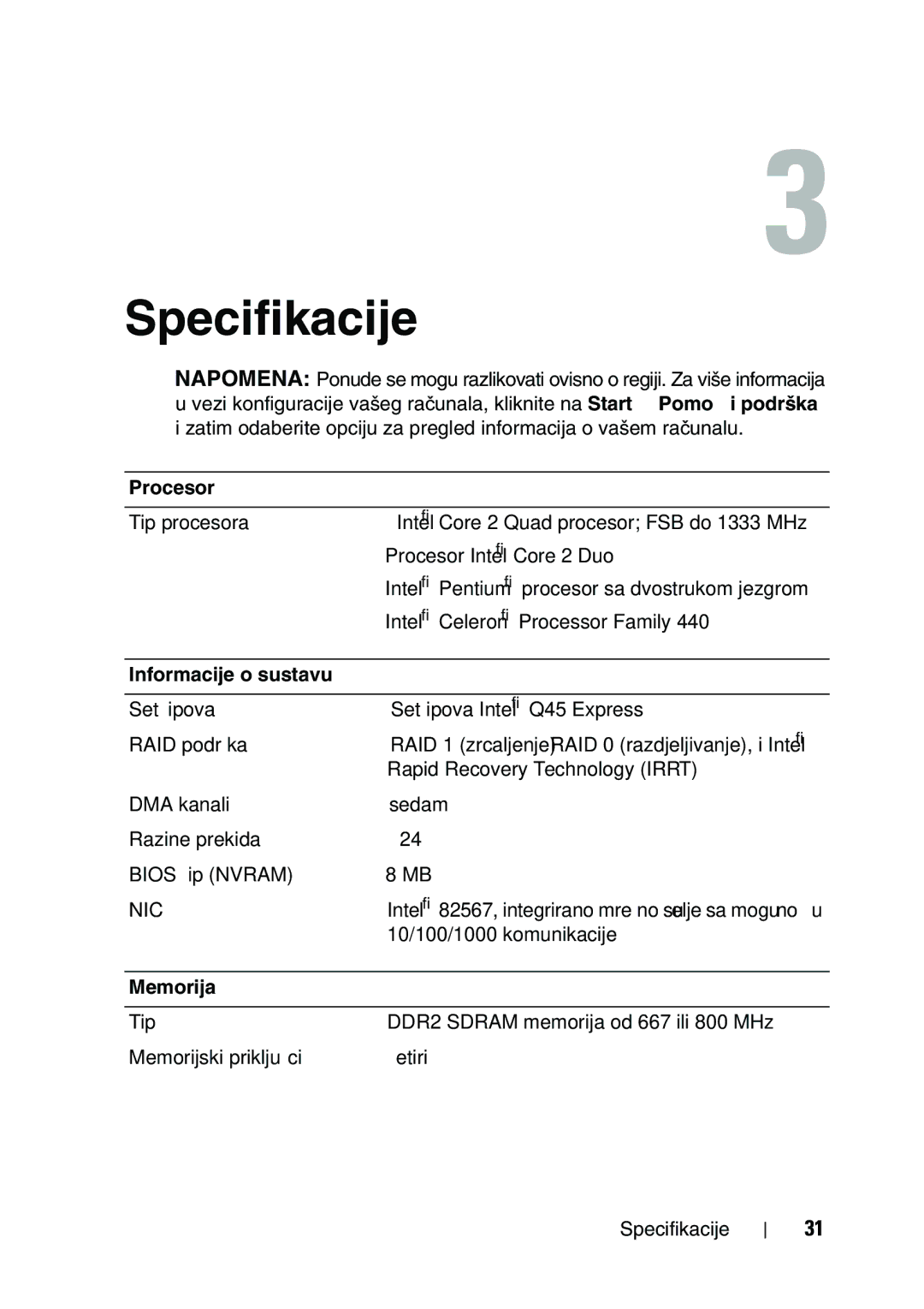 Dell 960 manual Specifikacije, Procesor, Informacije o sustavu, Memorija 