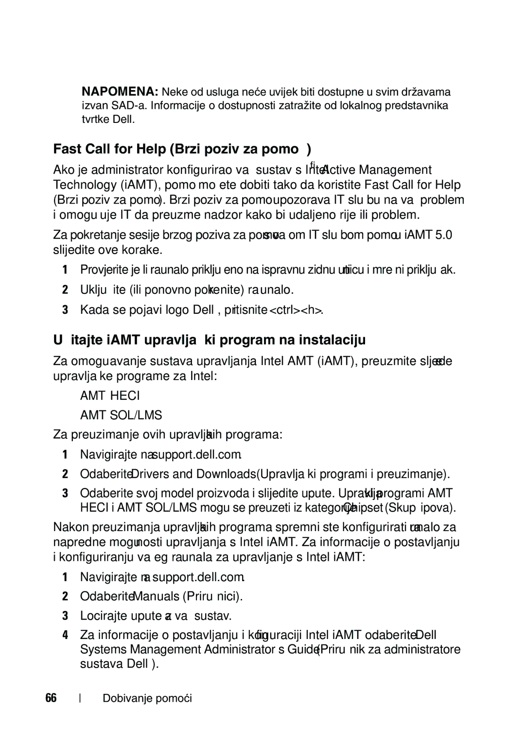 Dell 960 manual Fast Call for Help Brzi poziv za pomoć, Učitajte iAMT upravljački program na instalaciju 