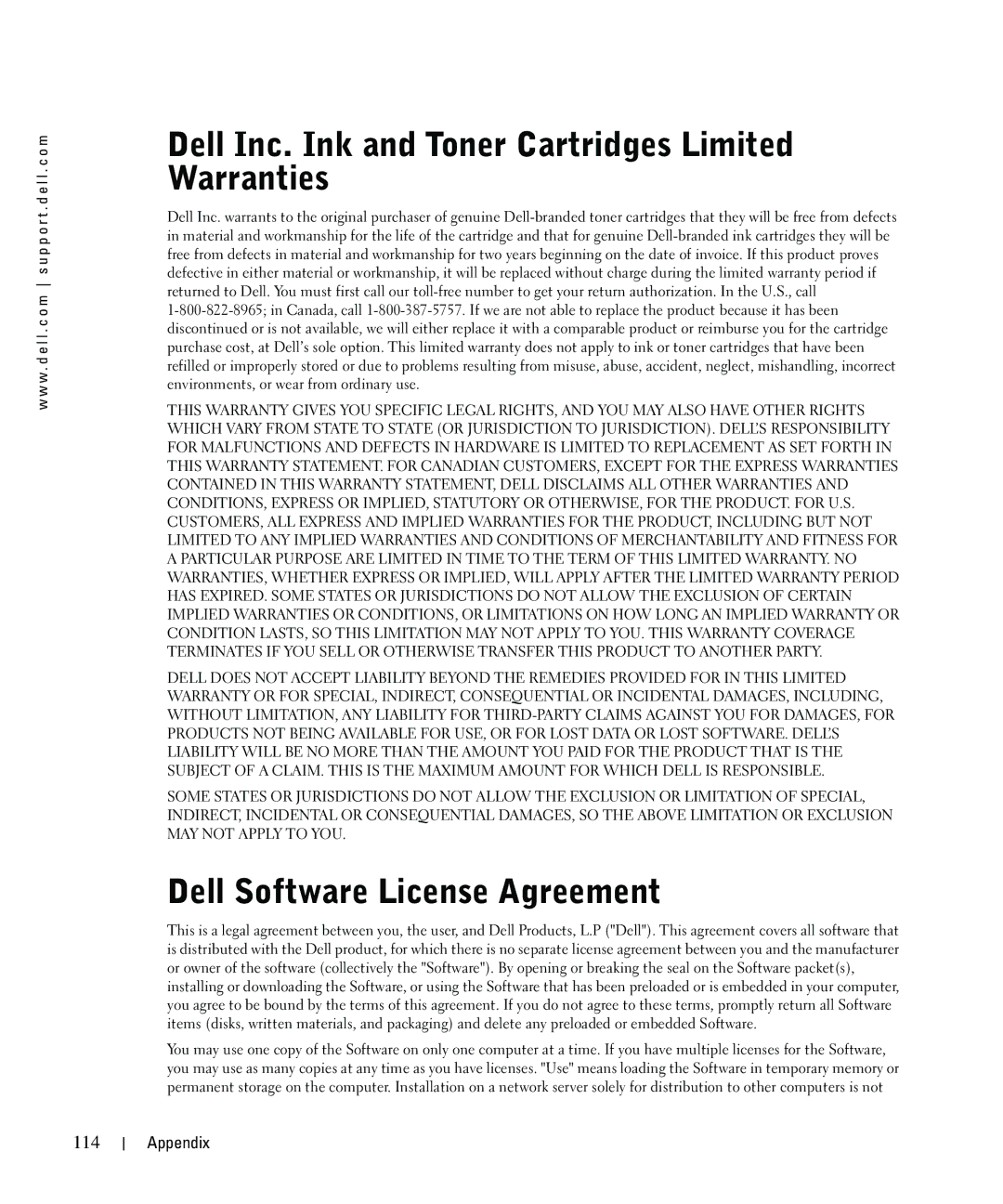 Dell 962 owner manual Dell Inc. Ink and Toner Cartridges Limited Warranties, Dell Software License Agreement, 114 