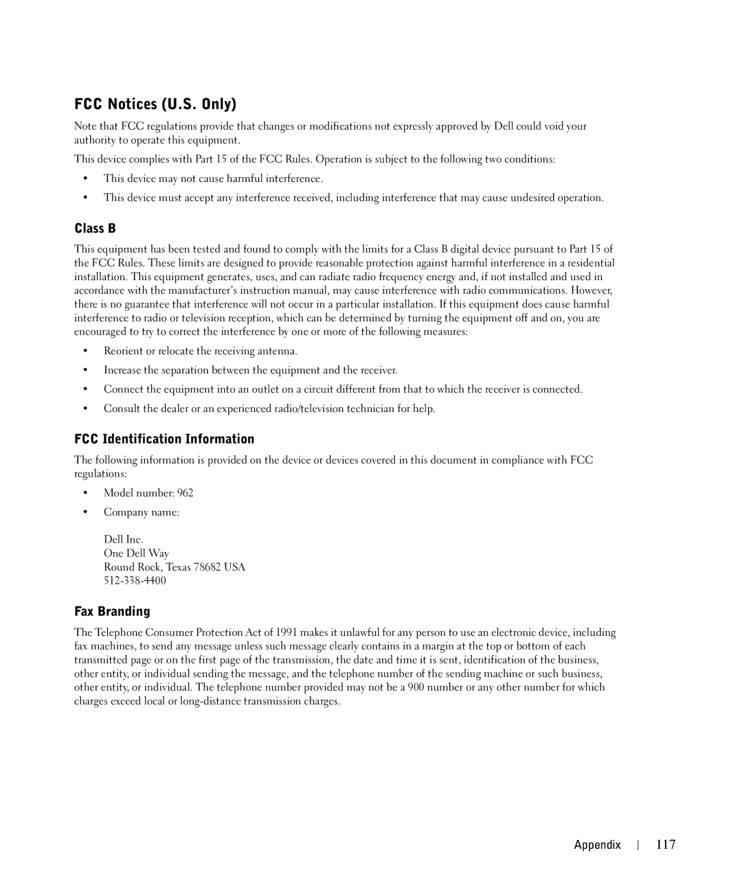 Dell 962 owner manual FCC Notices U.S. Only, Class B, FCC Identification Information, Fax Branding, 117 