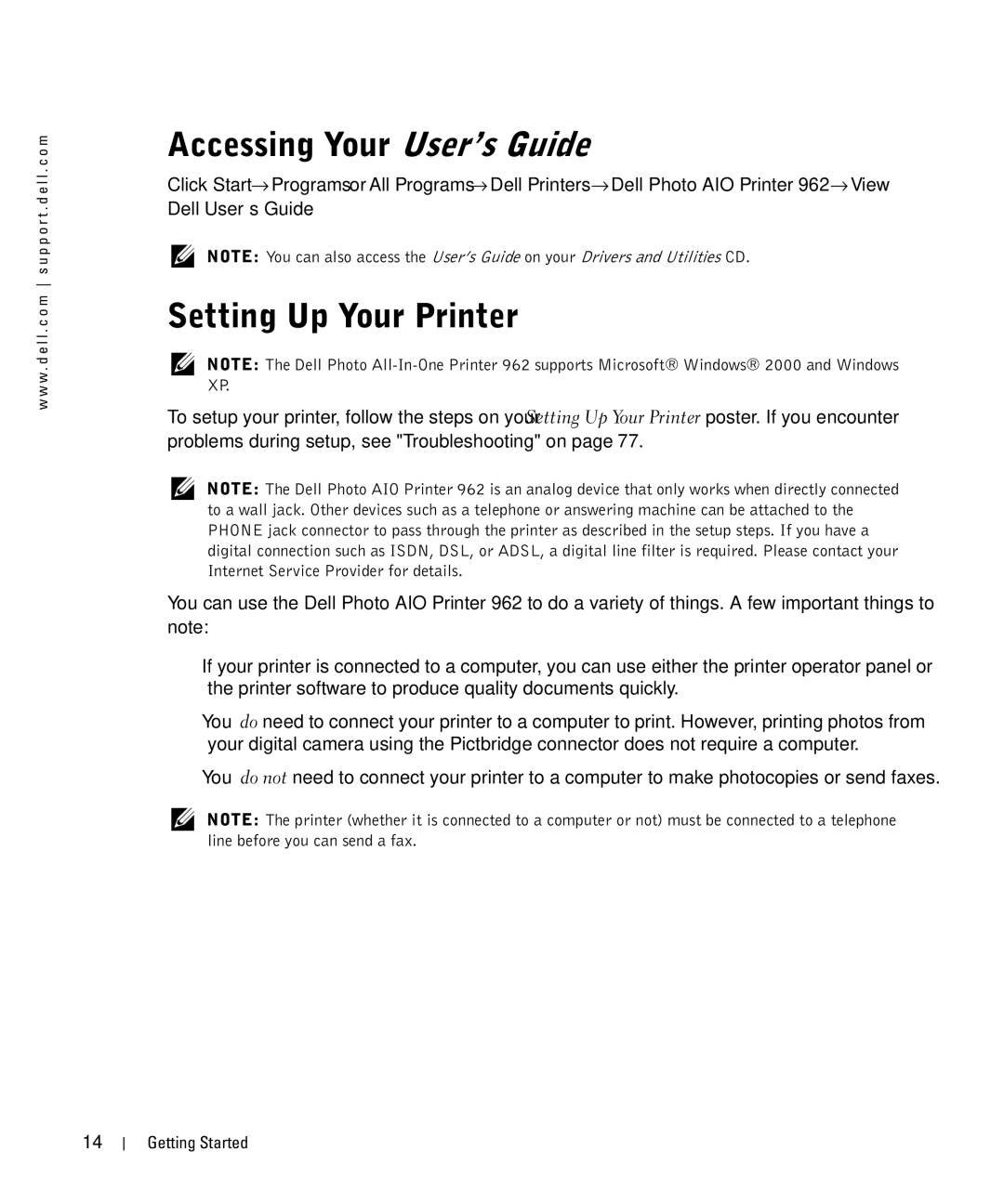 Dell 962 owner manual Accessing Your User’s Guide, Setting Up Your Printer 