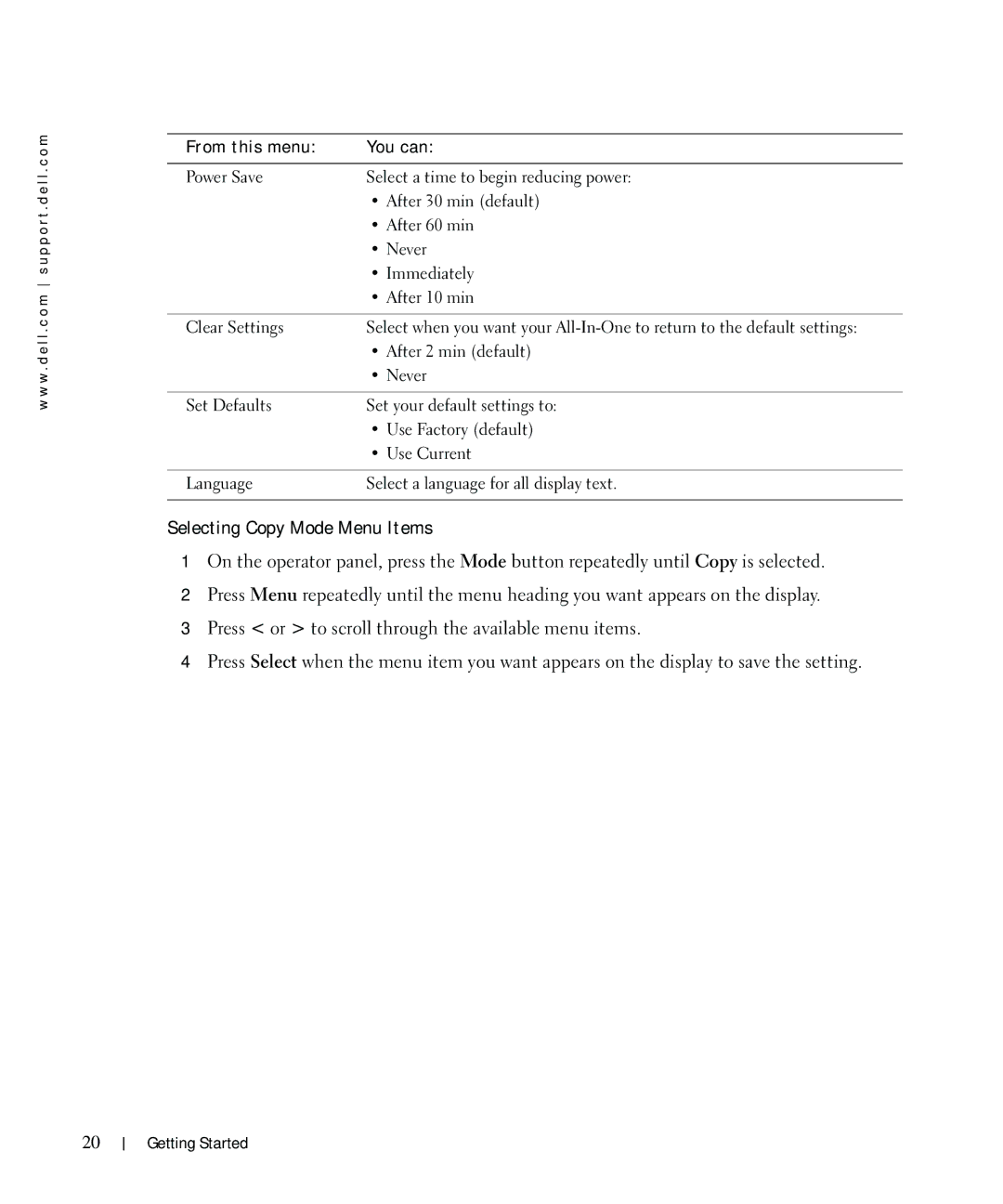 Dell 962 owner manual Selecting Copy Mode Menu Items 