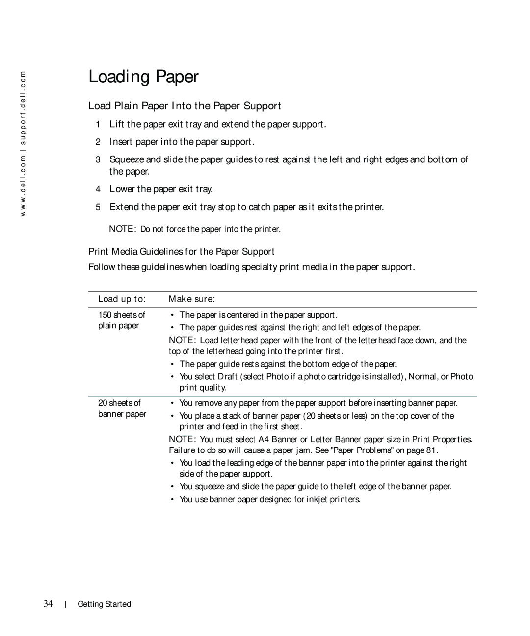 Dell 962 owner manual Loading Paper, Load Plain Paper Into the Paper Support, Print Media Guidelines for the Paper Support 