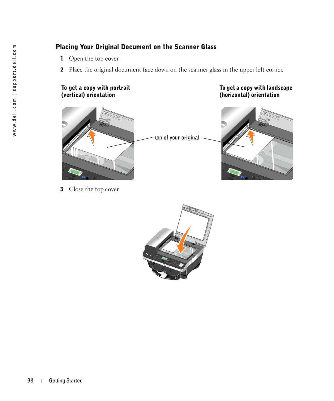 Dell 962 owner manual Placing Your Original Document on the Scanner Glass, To get a copy with portrait, Close the top cover 