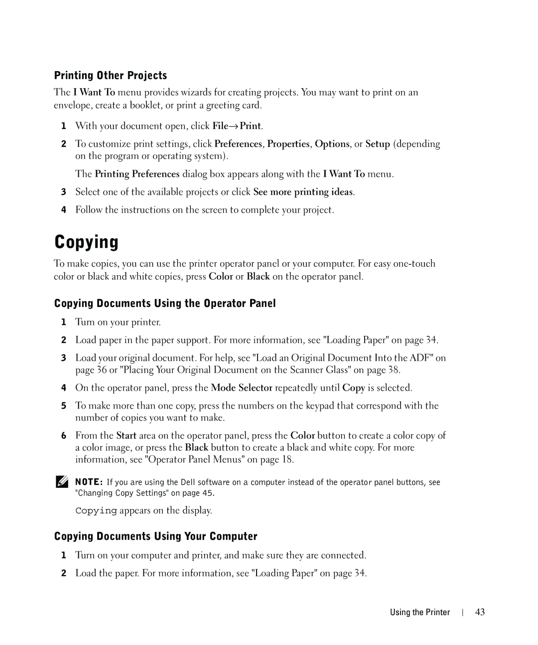 Dell 962 Printing Other Projects, Copying Documents Using the Operator Panel, Copying Documents Using Your Computer 