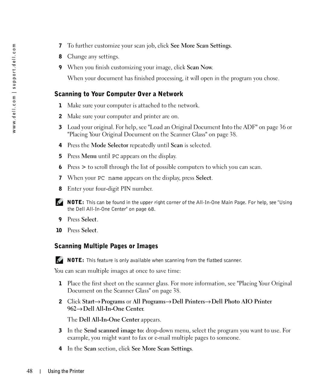 Dell 962 owner manual Scanning to Your Computer Over a Network, Scanning Multiple Pages or Images 