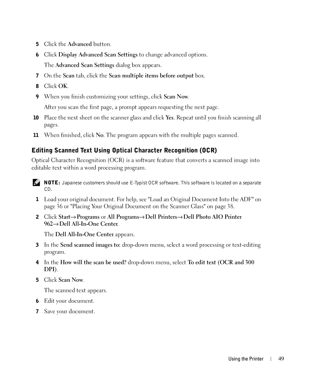 Dell 962 owner manual Editing Scanned Text Using Optical Character Recognition OCR 