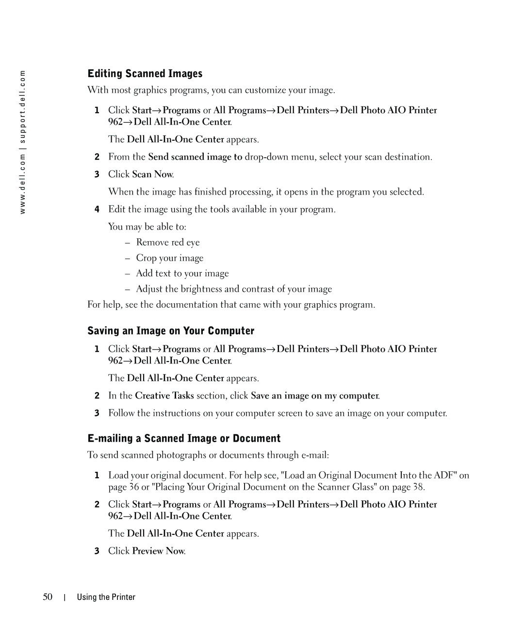 Dell 962 owner manual Editing Scanned Images, Saving an Image on Your Computer, Mailing a Scanned Image or Document 