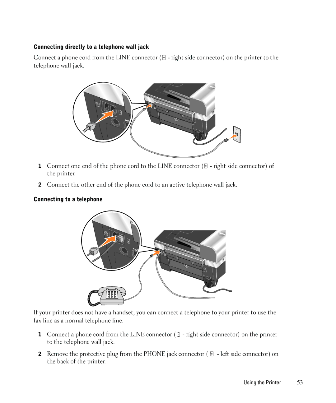 Dell 962 owner manual Connecting directly to a telephone wall jack, Connecting to a telephone 