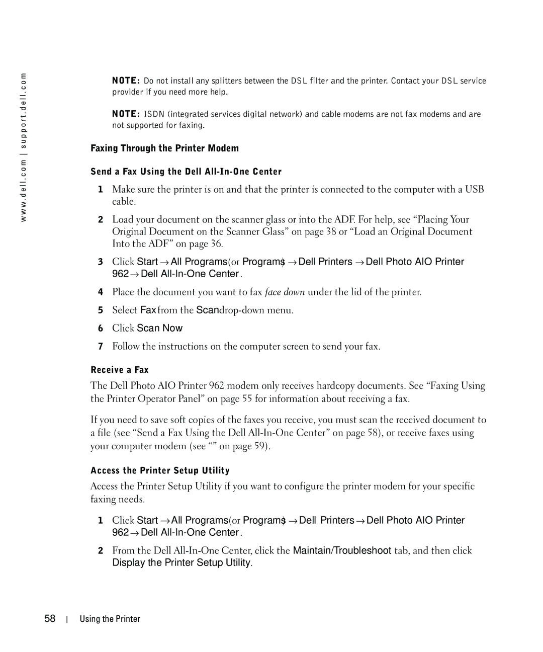 Dell 962 owner manual Faxing Through the Printer Modem, Send a Fax Using the Dell All-In-One Center, Receive a Fax 