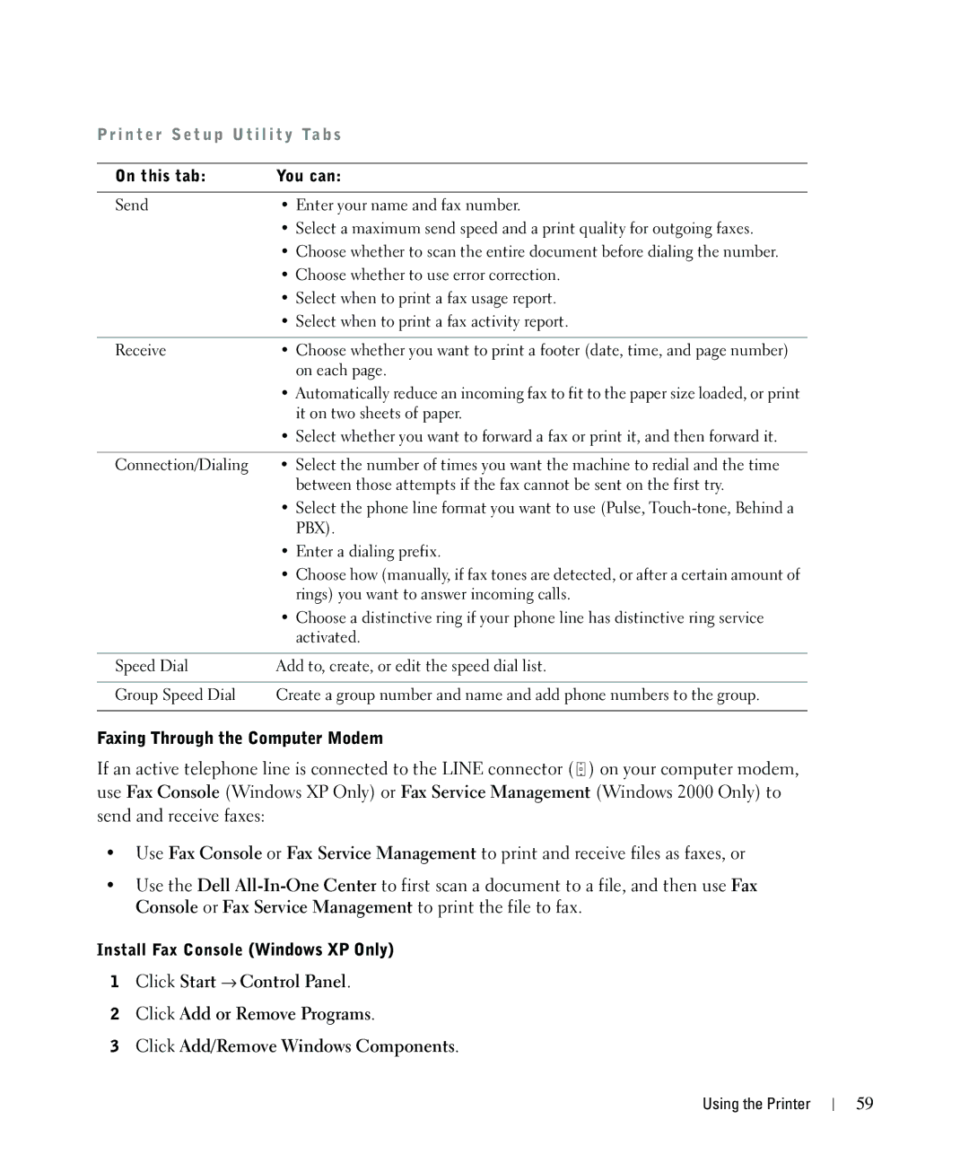 Dell 962 owner manual Faxing Through the Computer Modem, On this tab You can, Install Fax Console Windows XP Only 