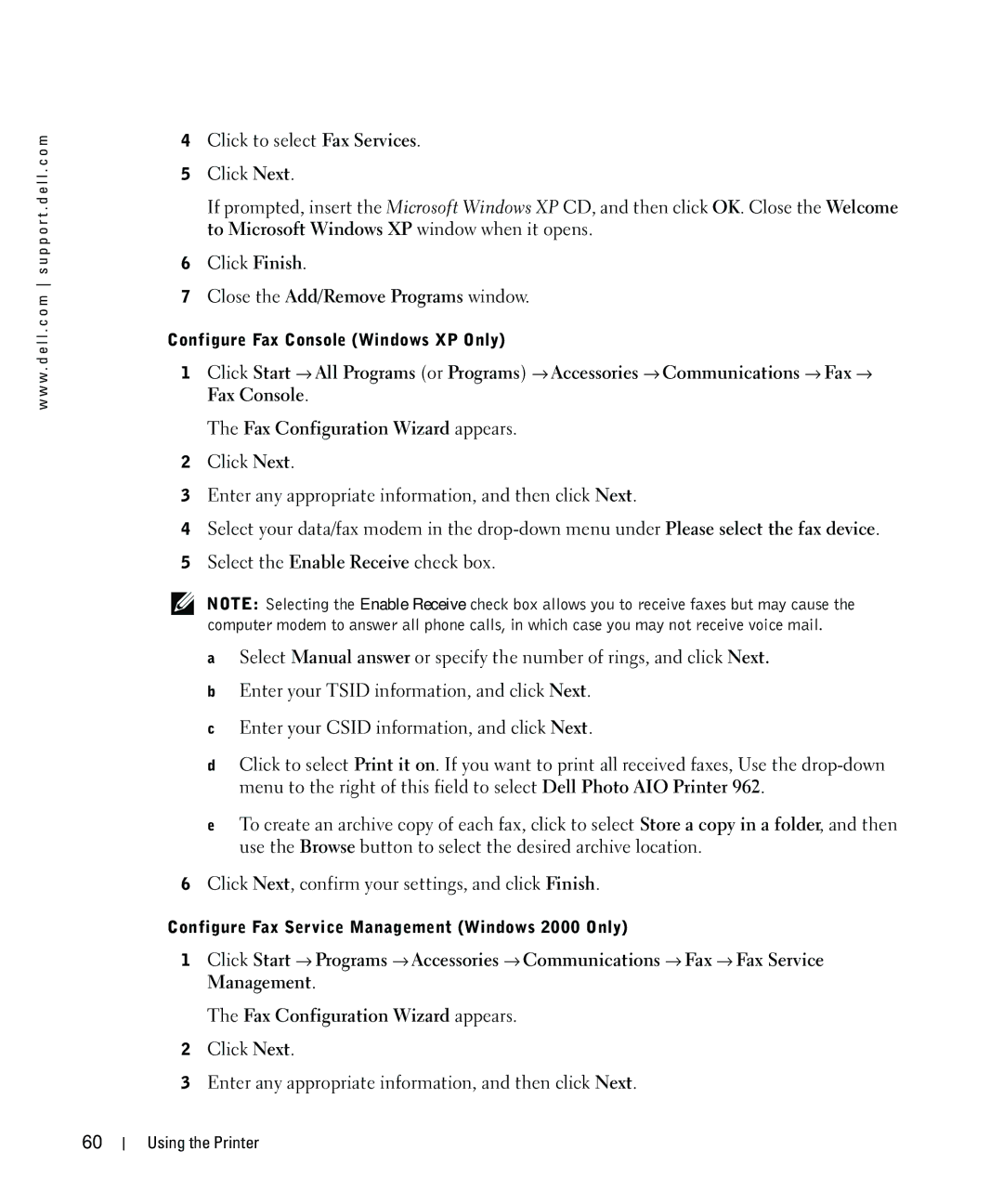 Dell 962 owner manual Close the Add/Remove Programs window, Configure Fax Console Windows XP Only 