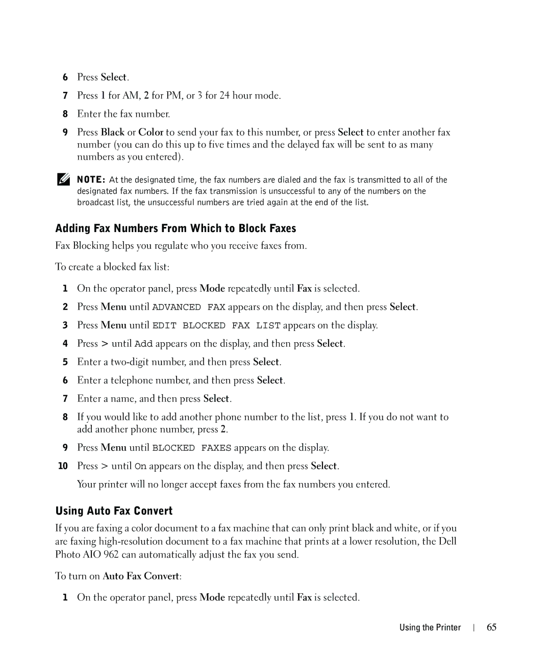 Dell 962 owner manual Adding Fax Numbers From Which to Block Faxes, Using Auto Fax Convert, To turn on Auto Fax Convert 