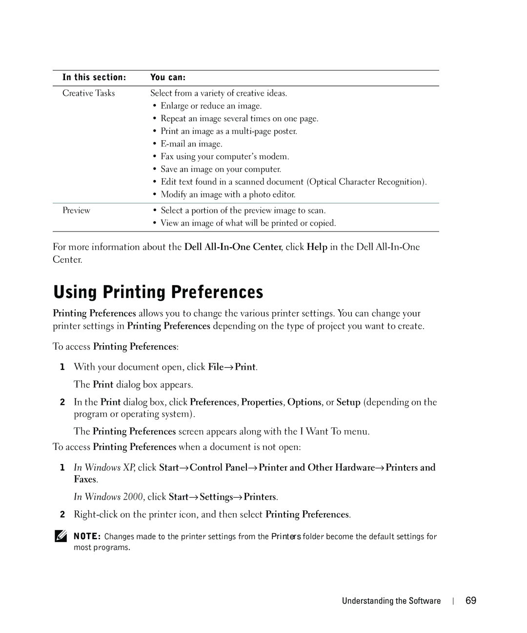 Dell 962 owner manual Using Printing Preferences, To access Printing Preferences 