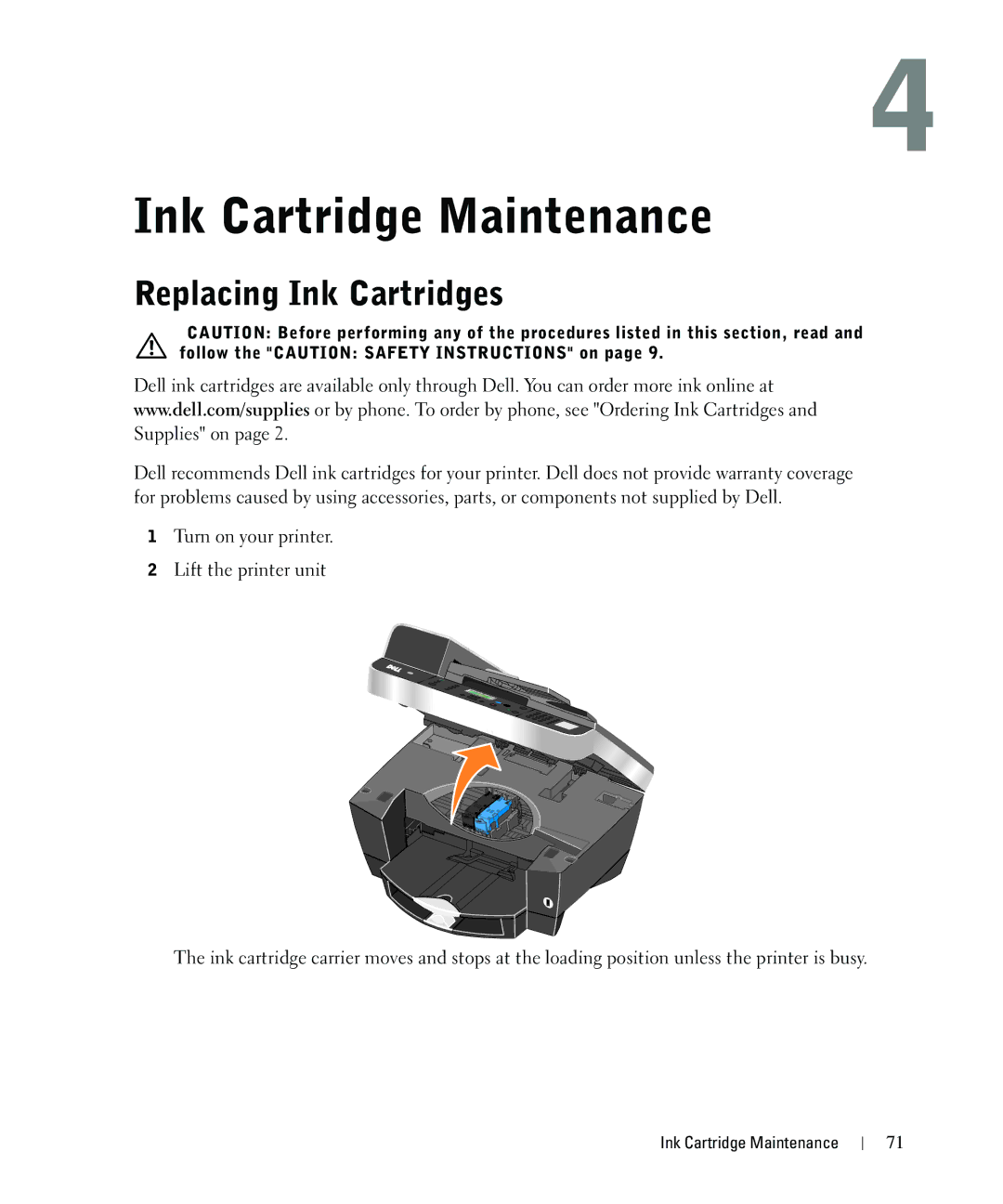 Dell 962 owner manual Ink Cartridge Maintenance, Replacing Ink Cartridges 