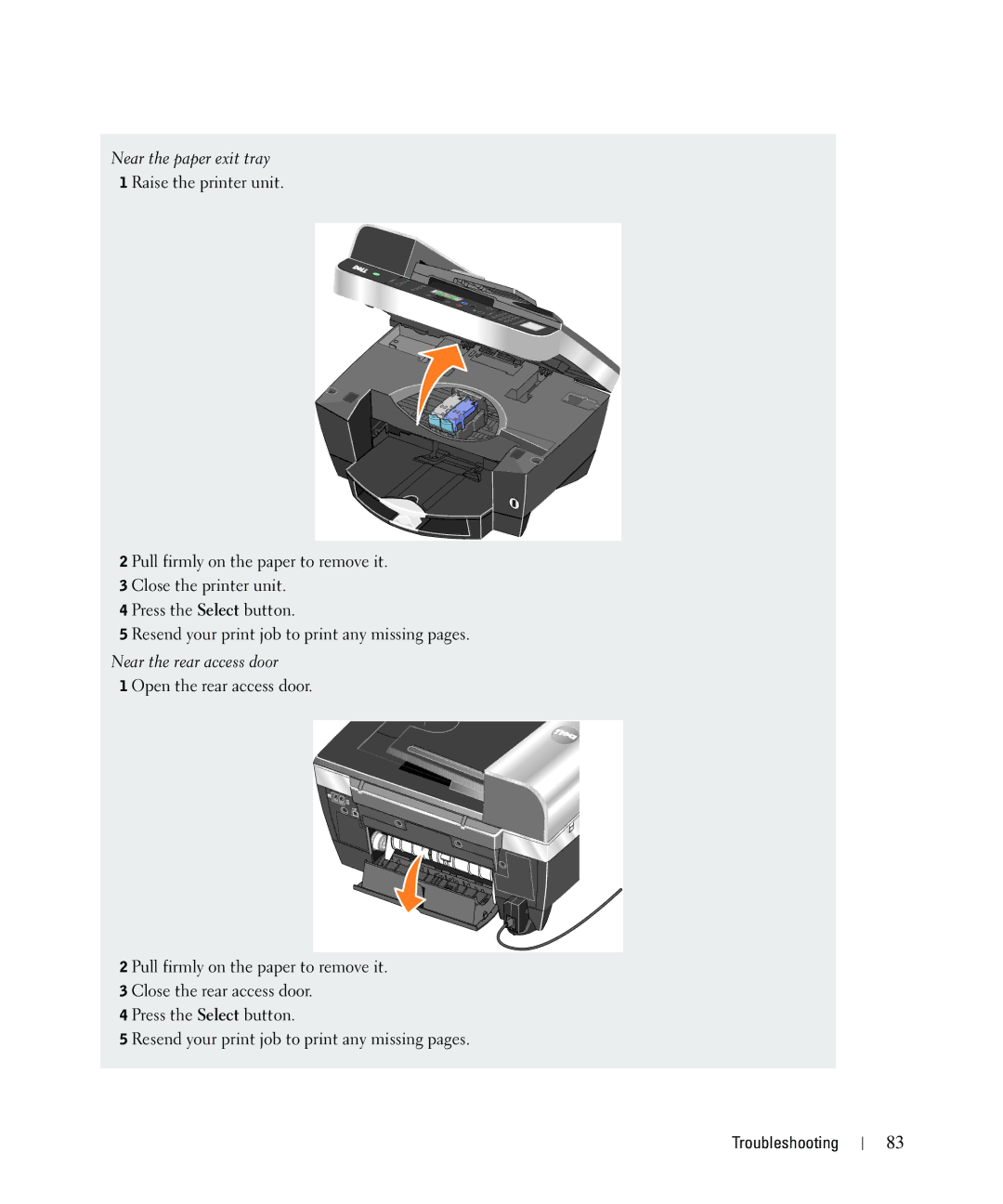 Dell 962 owner manual Near the paper exit tray 1 Raise the printer unit 