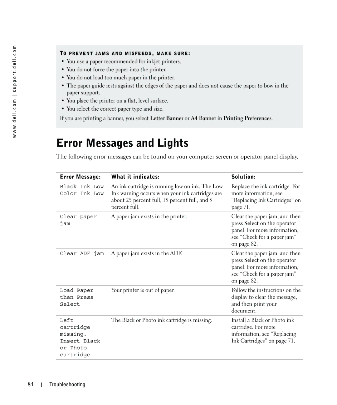 Dell 962 owner manual Error Messages and Lights, Error Message What it indicates Solution 