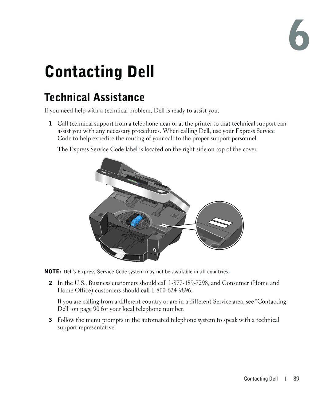 Dell 962 owner manual Contacting Dell, Technical Assistance 