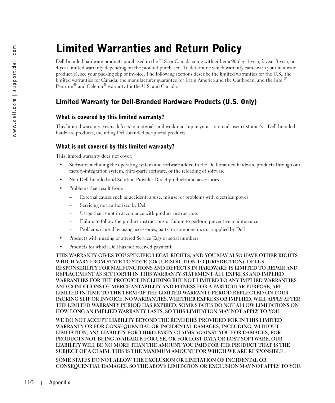 Dell 962 manual Limited Warranties and Return Policy, What is covered by this limited warranty?, 110 