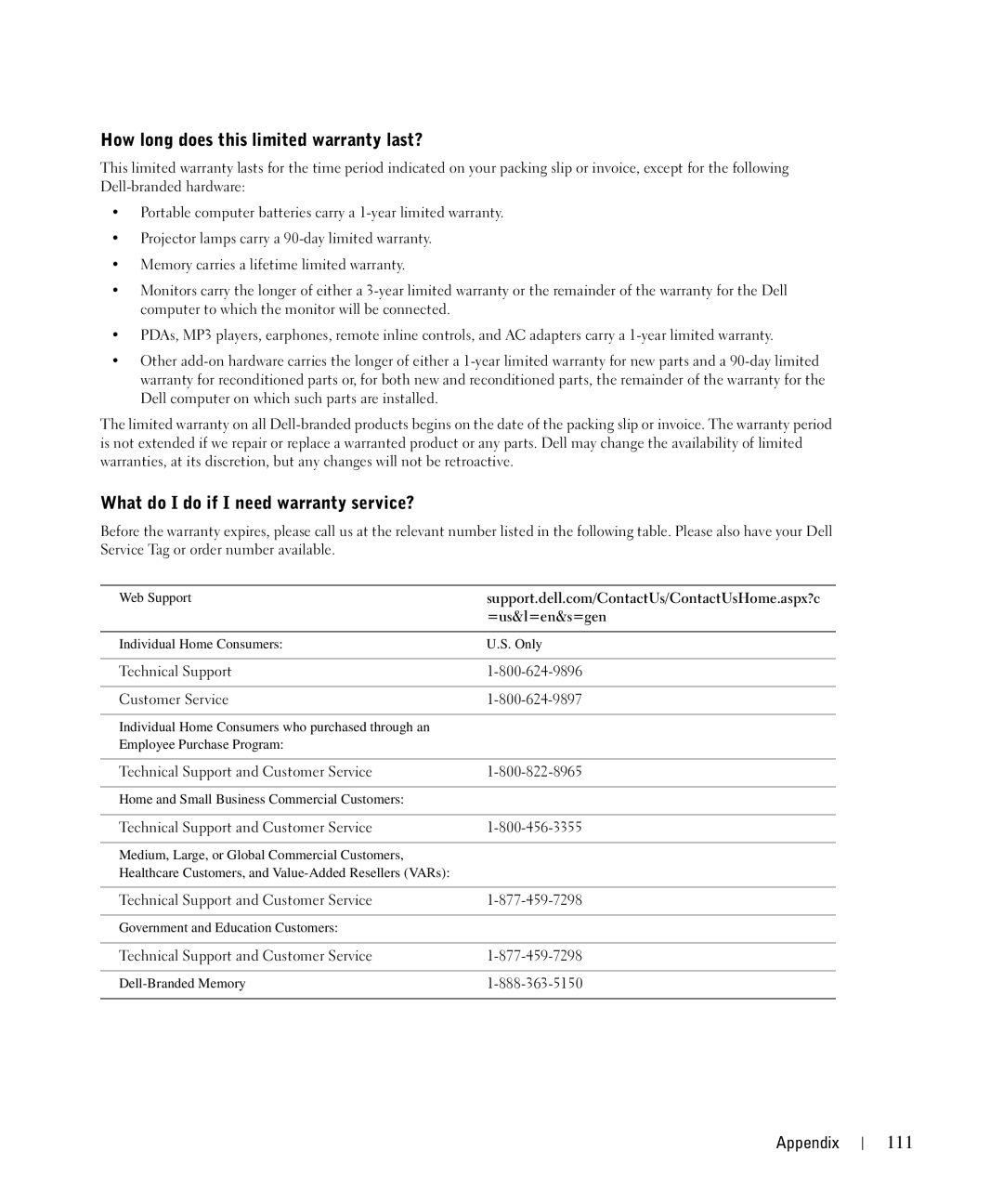 Dell 962 manual How long does this limited warranty last?, What do I do if I need warranty service?, 111 