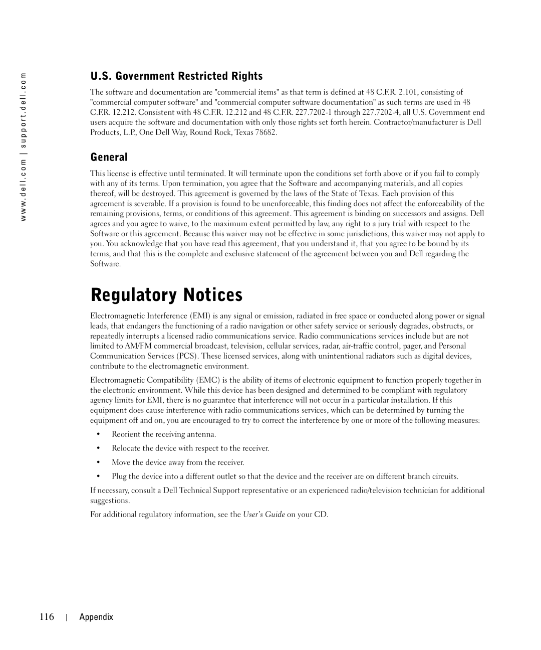 Dell 962 manual Regulatory Notices, Government Restricted Rights, General, 116 