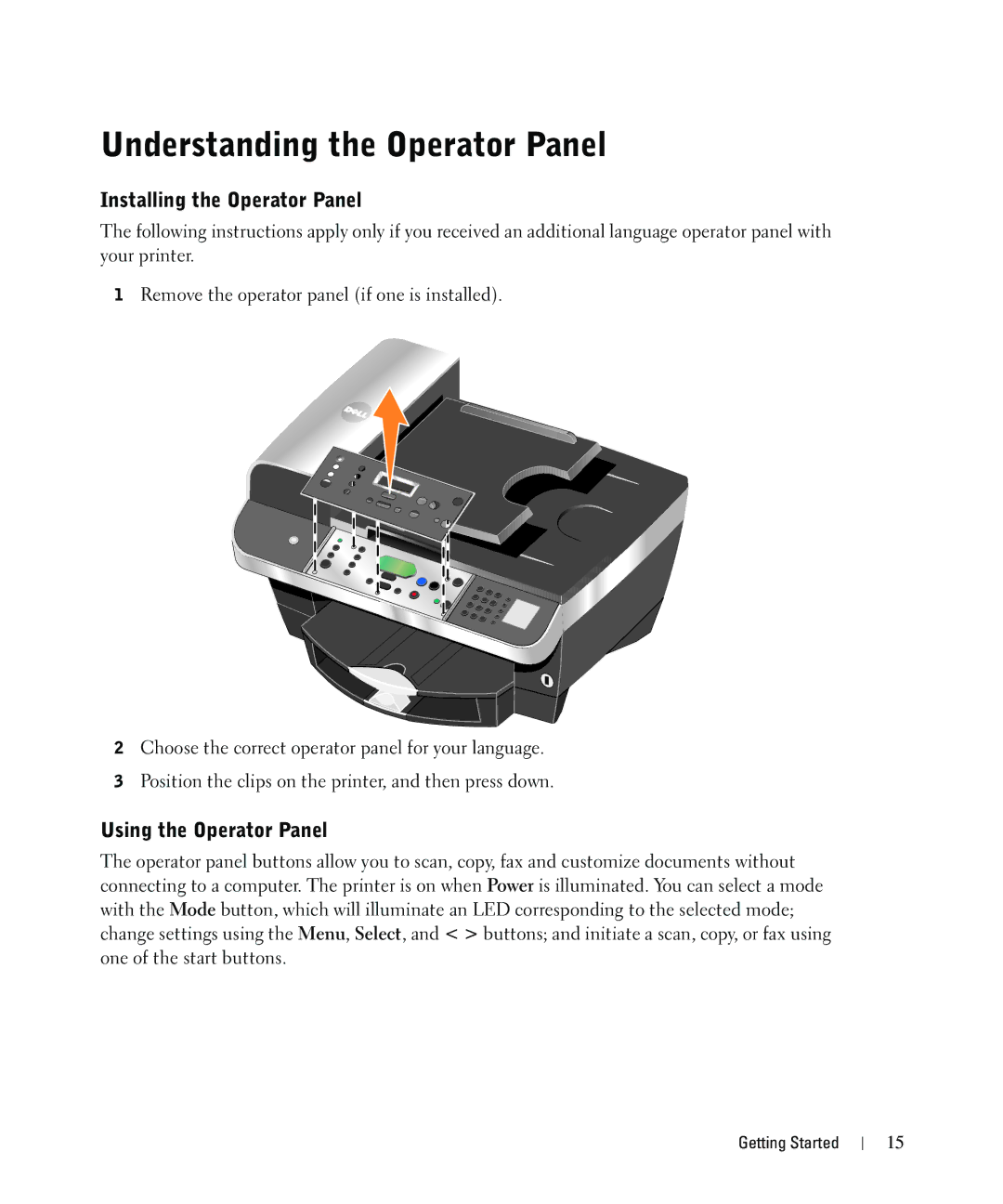 Dell 962 manual Understanding the Operator Panel, Installing the Operator Panel, Using the Operator Panel 